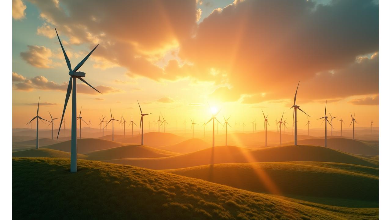 Panorámica de un parque eólico al atardecer, simbolizando energía renovable y progreso.
