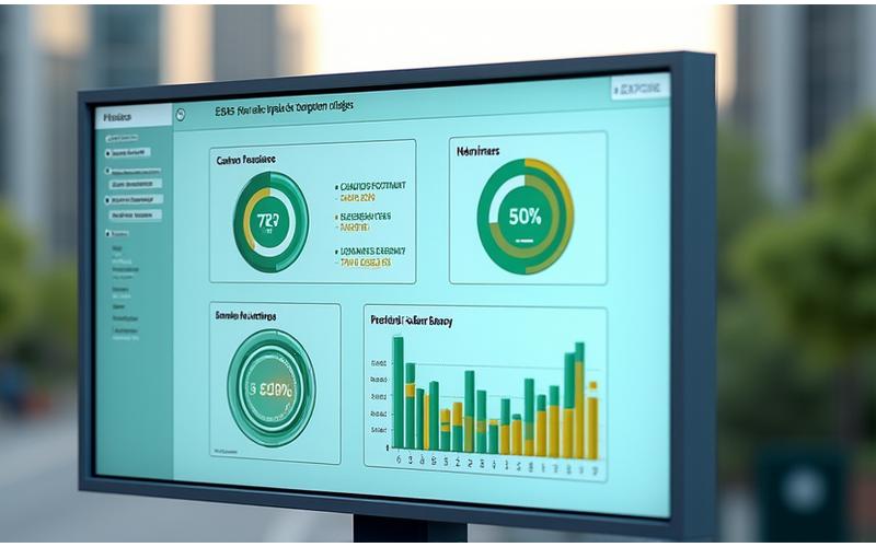 Captura de pantalla de un panel de control de impacto ESG con métricas visuales como reducción de huella de carbono, número de empleos verdes creados, y mejora en la diversidad.