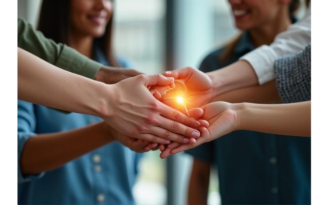 Manos de diversas personas unidas en un gesto de colaboración y comunidad.