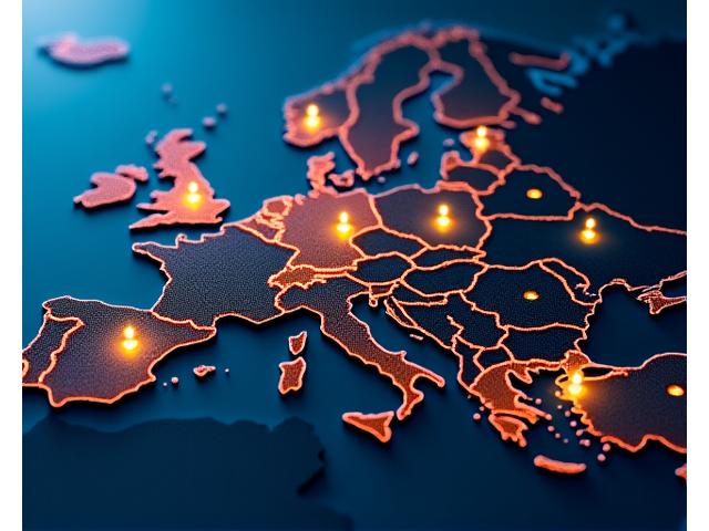 Mapa de Europa resaltando ciudades clave como Madrid, Berlín, Ámsterdam, Lisboa y Milán, con gráficos de inversión, indicando expansión internacional.
