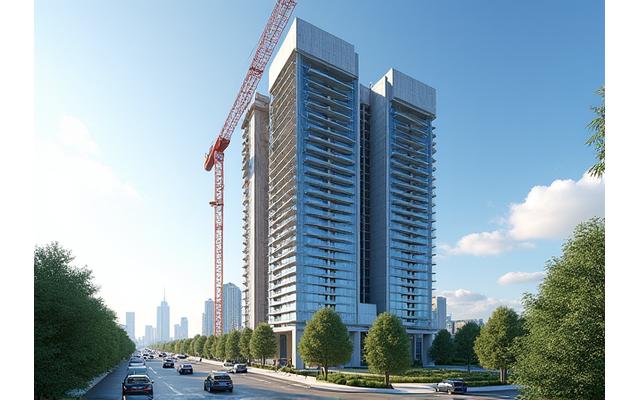 Rendering de un nuevo desarrollo residencial moderno en una zona urbana, representando oportunidades de construcción y asociaciones.