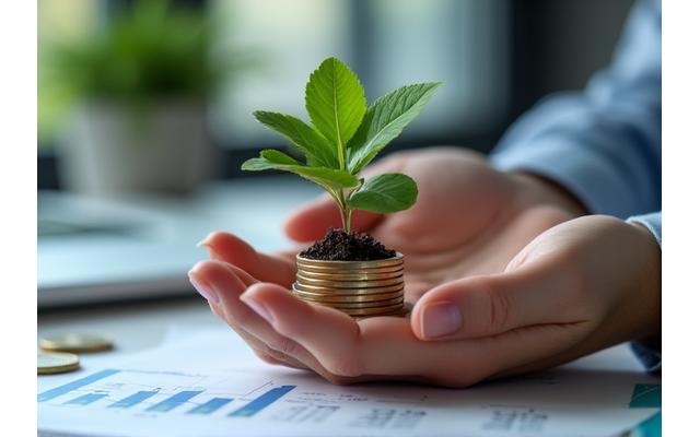 Mano sosteniendo una planta creciendo de monedas