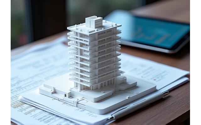 Maqueta arquitectónica de un edificio moderno en una mesa con planos y tableta