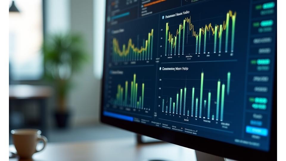 Pantalla de análisis financiero con gráficos de rendimiento y proyecciones.
