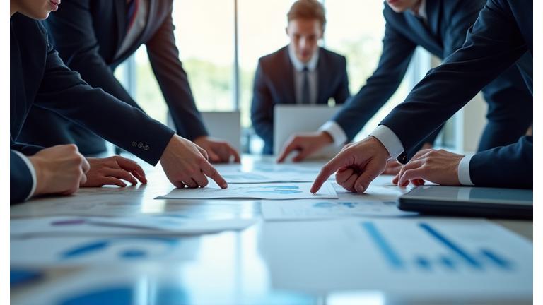 Equipo de analistas financieros revisando documentos y gráficos.