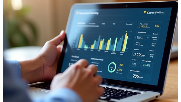 Interfaz de portal de cliente mostrando gráficos y datos financieros en tiempo real.