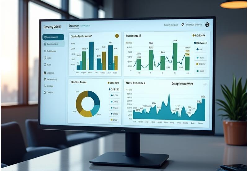 Un dashboard digital mostrando gráficos de flujo de efectivo, desglose de presupuesto y optimización de gastos.