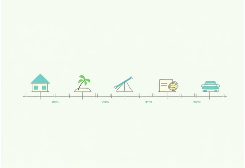 Una línea de tiempo visual con iconos que representan diferentes objetivos financieros como una casa, un diploma y una palma de jubilación.