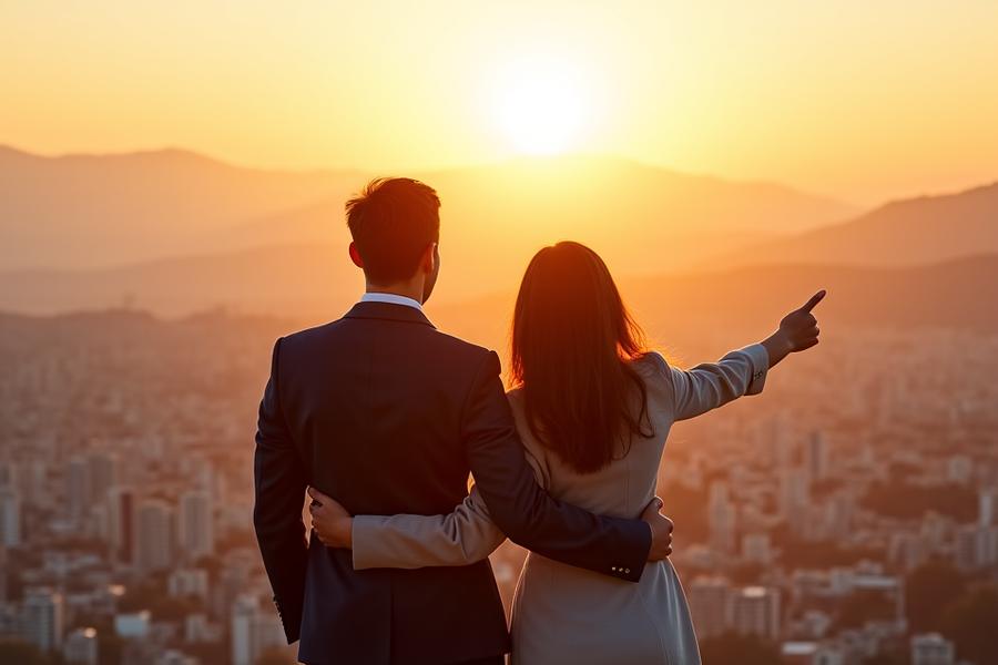 Una pareja sonriente mirando hacia un horizonte iluminado por el sol, simbolizando un futuro financiero brillante y esperanzador.