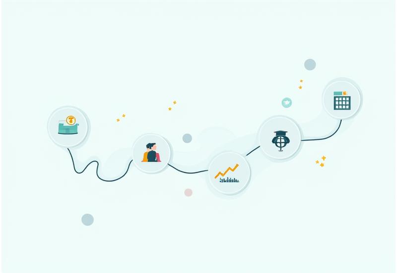 Un gráfico de línea de tiempo con iconos de reuniones trimestrales, actualizaciones de mercado y comunicación constante, representando una relación asesorial a largo plazo.