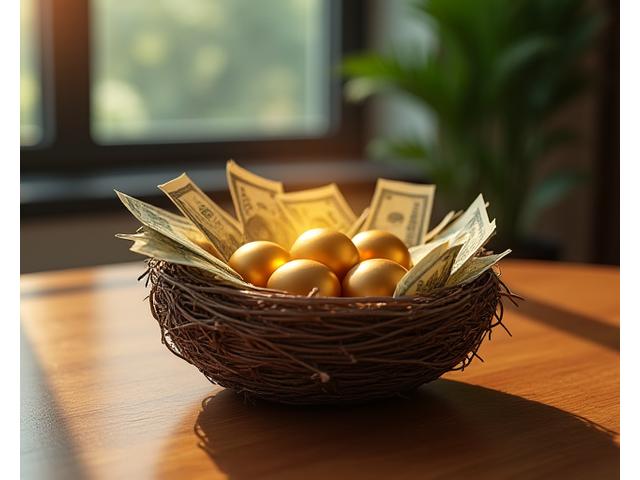 Persona construyendo un nido metafórico con monedas y billetes, representando el ahorro para la jubilación