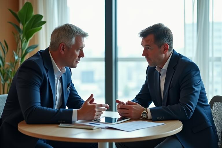 Representación de un cliente y un asesor financiero interactuando, simbolizando colaboración y confianza a largo plazo.
